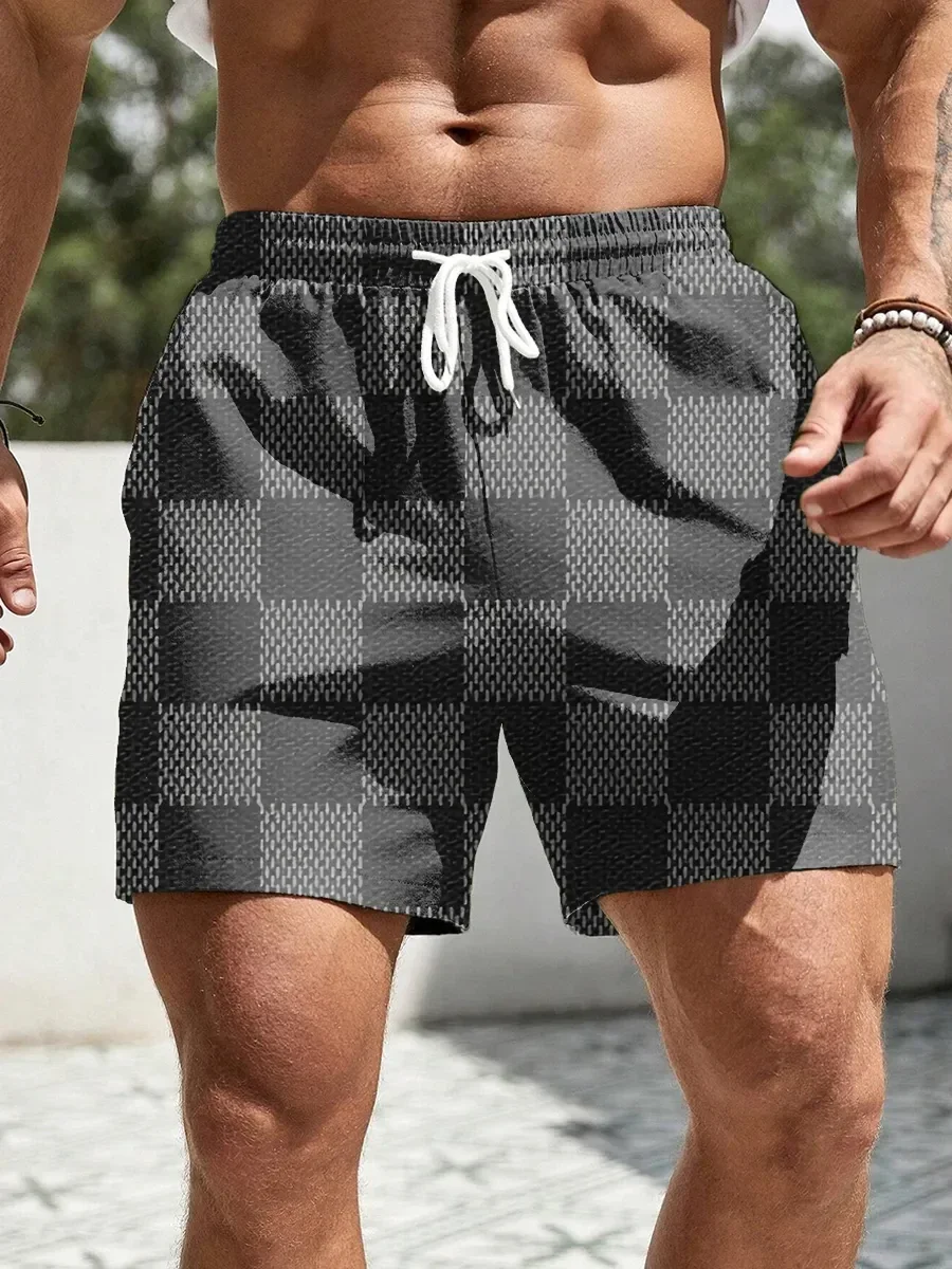 Men's Resort 3DPrinted Checkered Pattern Design Board Shorts Swimming Pants Elastic Waist Drawstring Hawaiian Style Resort Beach