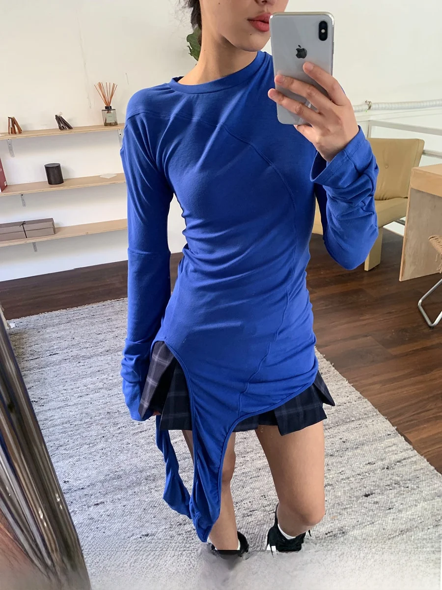 Gogo Burn Blue Long Sleeve round Neck T-Shirt Women's Base Layer Top Asymmetrical Design Comfortable Fit Premium Feeling