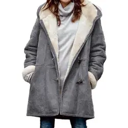 Women Fuzzy Jacket Fleece Lined Hooded Horn Buttons Medium Length Overcoat Winter Windproof Furry Outerwear Women Coat Chaquetas