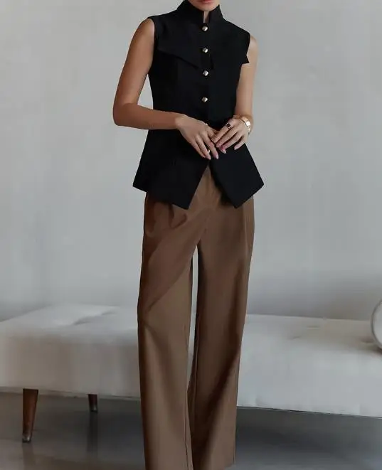 

Summer British Style Fashionable Elegant Solid Color Stand Up Collar Single Breasted Slim Fit Versatile Women's Sleeveless Vest