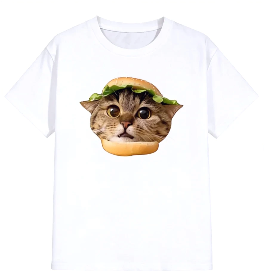 Women Cute Big Eye Burger Meme T Shirt Cat in Burger Print Short Sleeve O Neck Casual Tops Black White Summer Vintage Daily Wear