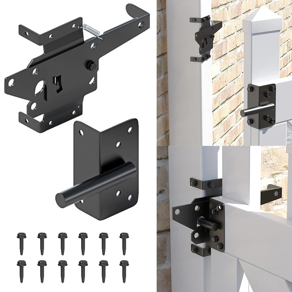 1 Set Self-Locking Gate Latch Lock Garden Fence Latch Carbon Steel Post Mounted Fence Gate Latch Heavy Duty Automatic Door Lock