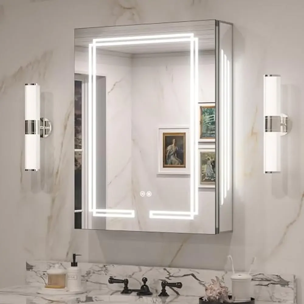 Mirror Medicine Cabinet LED Lighted Bathroom Cabinet Wall Mounted 24x32 Illuminated Mirror Cabinet Rust Resistant Adjustable