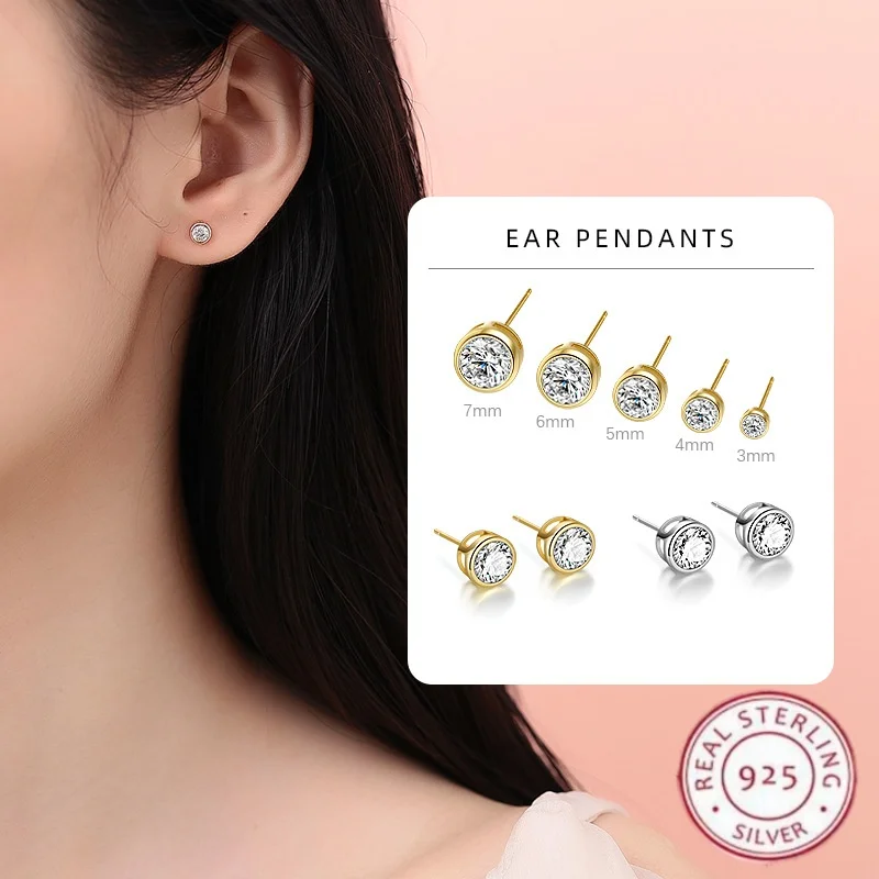 

Real 925 Sterling Silver 3/4/5mm Zircon Round Stud Earrings For Women Party Classic Fine Jewelry Minimalist Accessories Gifts