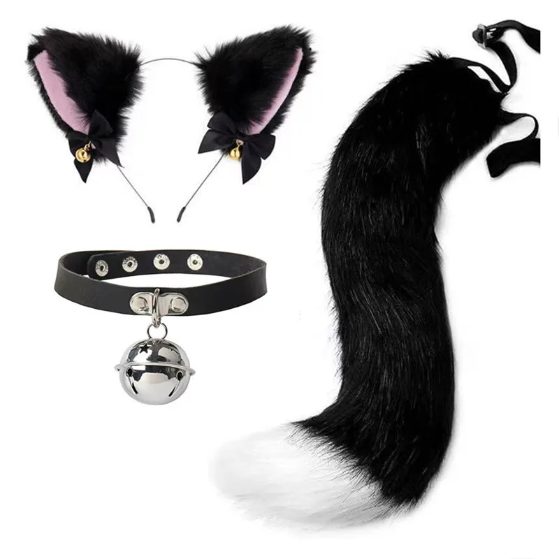 Handgefertigte Katzenohren-Glocken-Stirnband- und Schwanz-Accessoire-Sets, schwarz, pelzig, für Halloween, Cosplay, Party, Tanz, Performance, Bekleidung, Kostüm-Requisiten – Detail 13