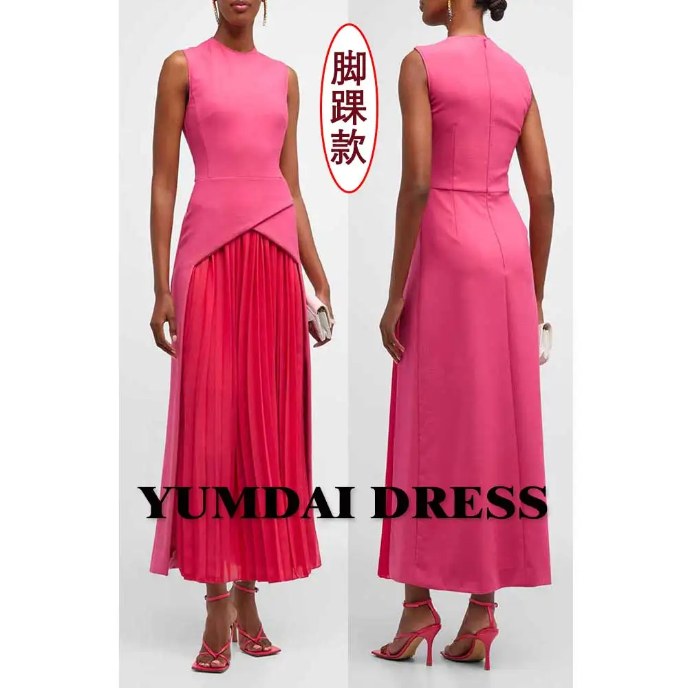 YUMDAI-Vestido sem mangas na altura do joelho, Saia plissada, Vestido de noite, Arábia Saudita, Vestido de blusa, Rosa, Ocasião especial, Novo, 2024