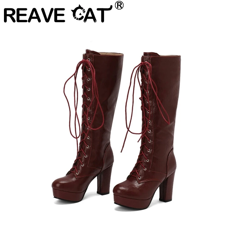 

REAVE CAT Vintage Women Knee Boots Round Toe Block Heels 10cm Platform 3cm Brown Corss Strap Plus Size 48 49 Fashion Daily Bota