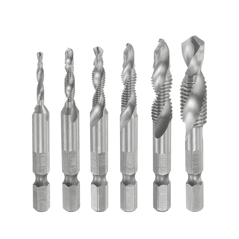 6pcs HSS Spiral Flute Tap Combination Drill and Tap Bit Set M3 M4 M5 M6 M8 M10 with 1/4" Hex Shank Spiral Flute Tapping Tool