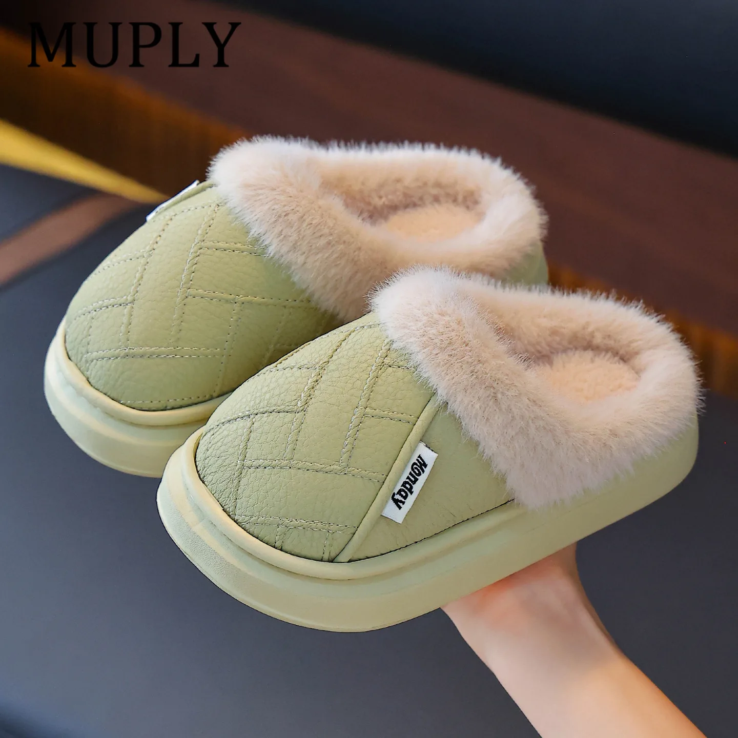 Winter Plush Slippers for Children Warm Indoor Waterproof Home Furry Flats Bedroom Non Slip Shoes Thick Fleece-Lined Anti-Slip