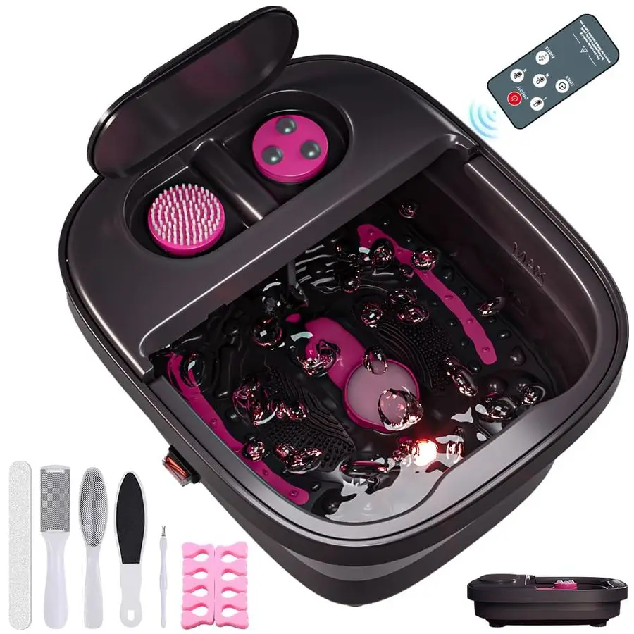 

Collapsible Foot Bath, Foot Spa Bath Massager with Heat, Bubble, Remote Control, Temperature Control, 3 Pedicure Attachments, F