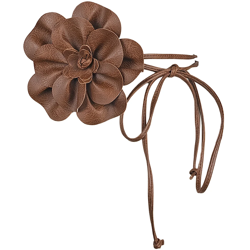 0.3 Inch PU Leather Boho Flower Waist Belt Skinny Leather Rope Tassel Waistband Thin Elegantes Big Flower Decor Belts Slim Waist