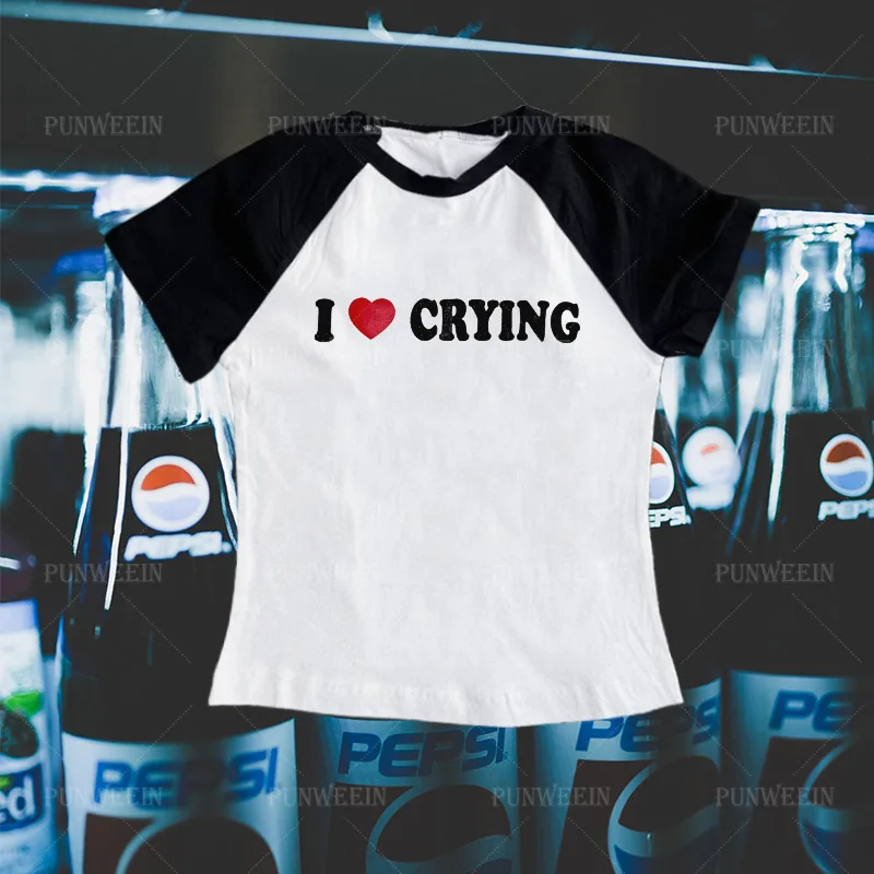 I Love Crying Letter Crop Tops Womens Short Sleeve Splicing T Shirt Harajuku Fashion ​Slim Streetwear Punk Vintage Y2K Style Top