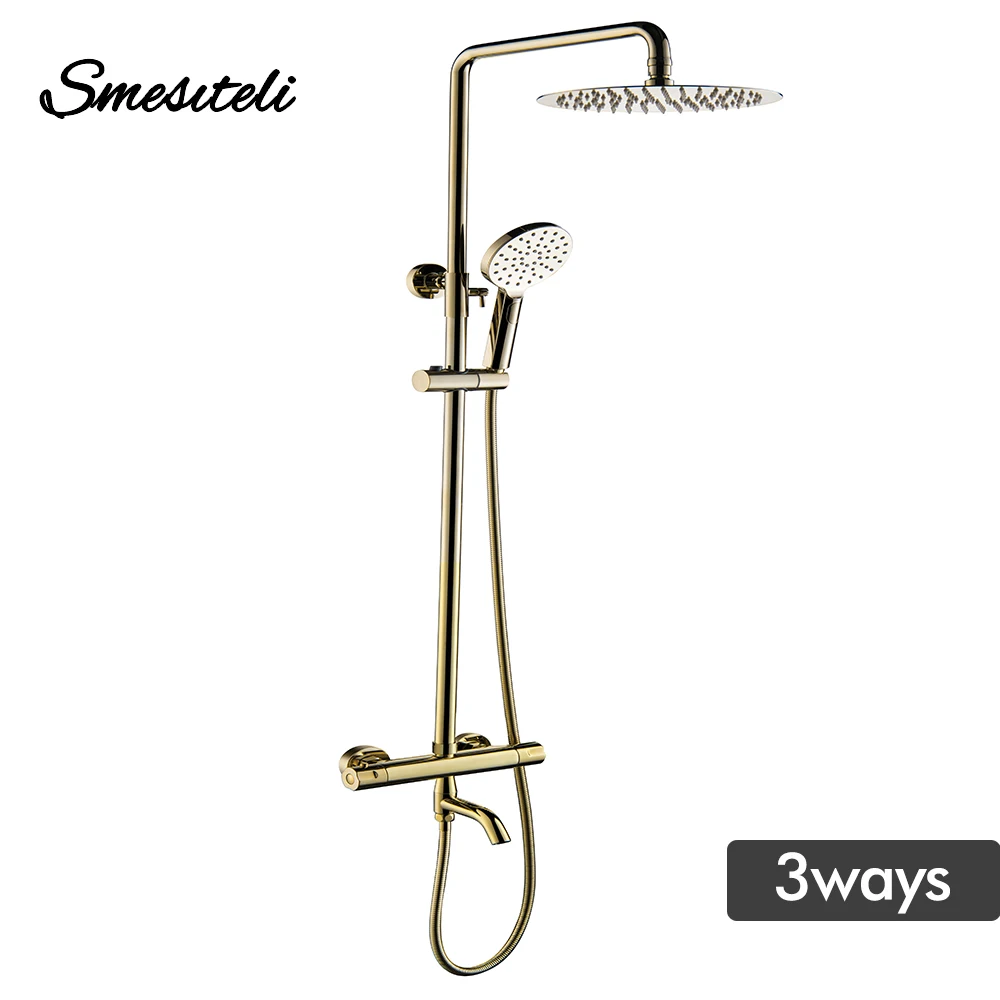 

Shower System Bathroom Faucet Brushed Gold Thermostatic Three-Function Shower Set With Spout Bathtub Hardware MIxer