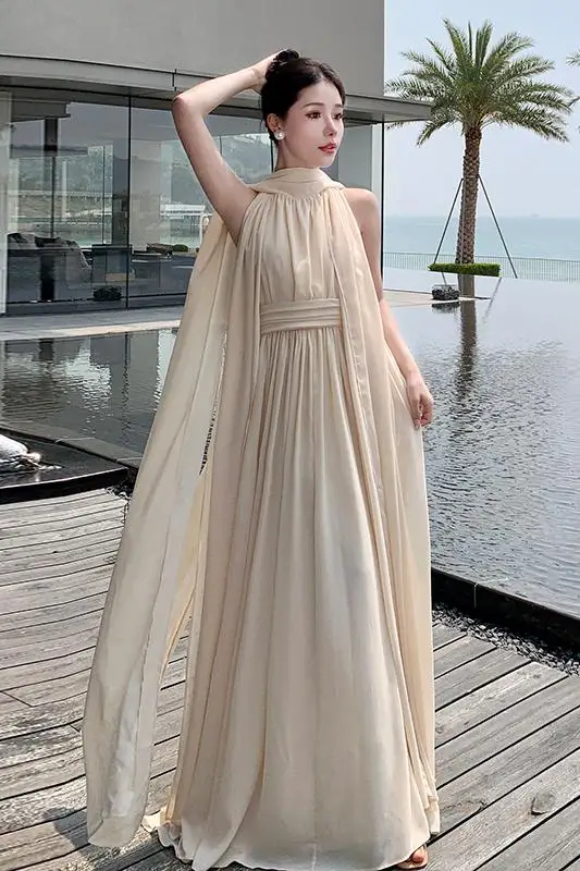 French Vintage Chiffon Long Party Dress Summer Fairy Evening Dress Sexy Backless Vesidos Women\'s Wedding Dresses Female Clothing