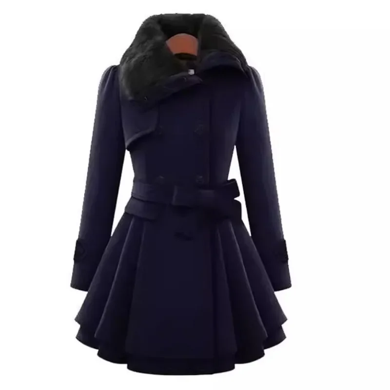 Women New Double-breasted Mock Wool Coats Solid Colors Fur Collar Sashes Long Trench Autumn Winter Warm Coats Slim Casual Jacket