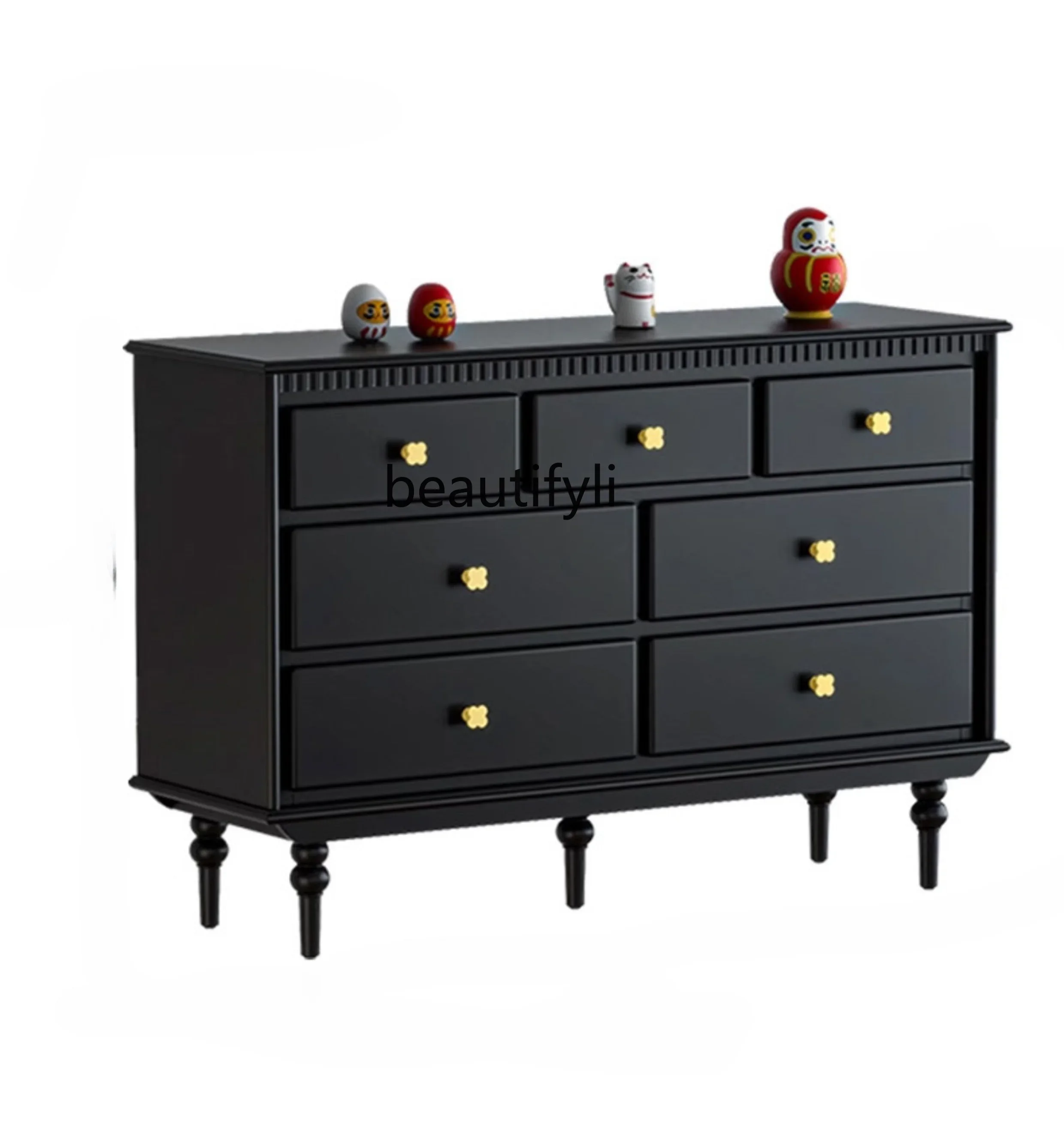 

French Solid Wood Chest of Six Drawers Black American Living Room Wall Storage Cabinet Bedroom Narrow Storage Drawer Cabinet