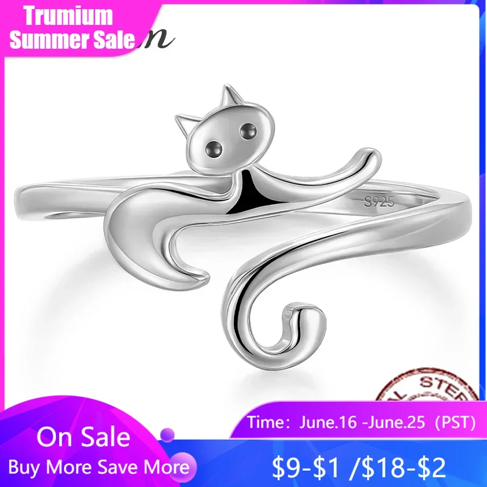 

Trumium 100% 925 Sterling Silver Black Enamel Eyes Cat with Long Tail Finger Ring for Women Adjustable Engagement Ring Jewelry