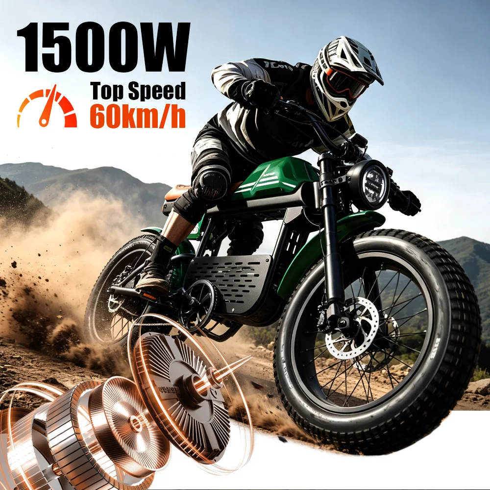 Mangosteene Adult Electric Motorcycle 1500W Motor 37 MPH Top Speed 56 Mile Range 52V 29.4Ah Battery Fat Tire All-Terrain Off-Road Commuter E-Moto with Hydraulic Disc Brakes Aluminum Frame UL2272 Certified Non-Folding Rigid Heavy Duty – Ship from US