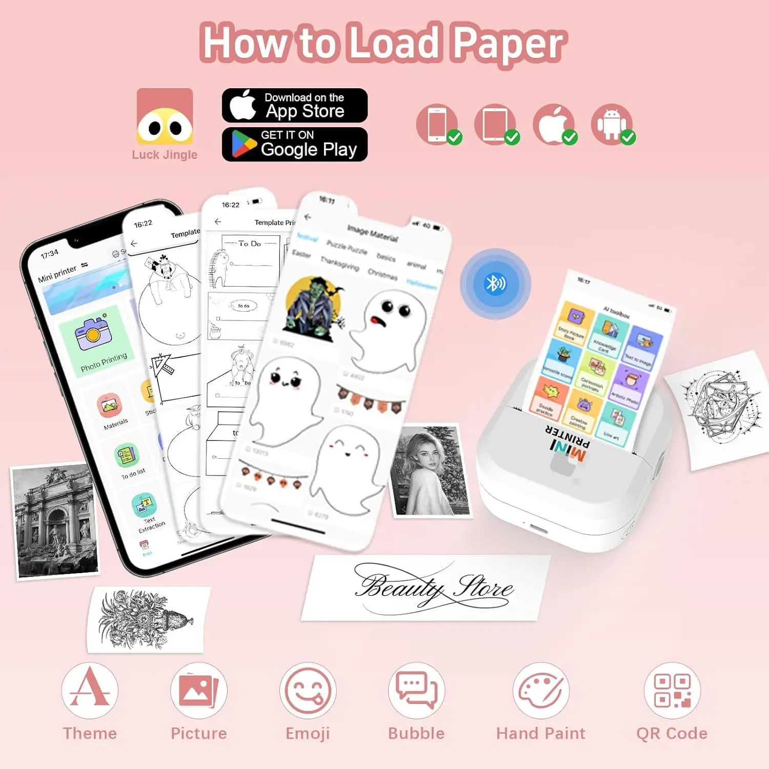 ステッカープリンター - 24インチ/分高速印刷 - Bluetoothインクレスプリンター&ステッカーメーカー、13ロール用紙付き、メモ用コンパクトプリントポッド