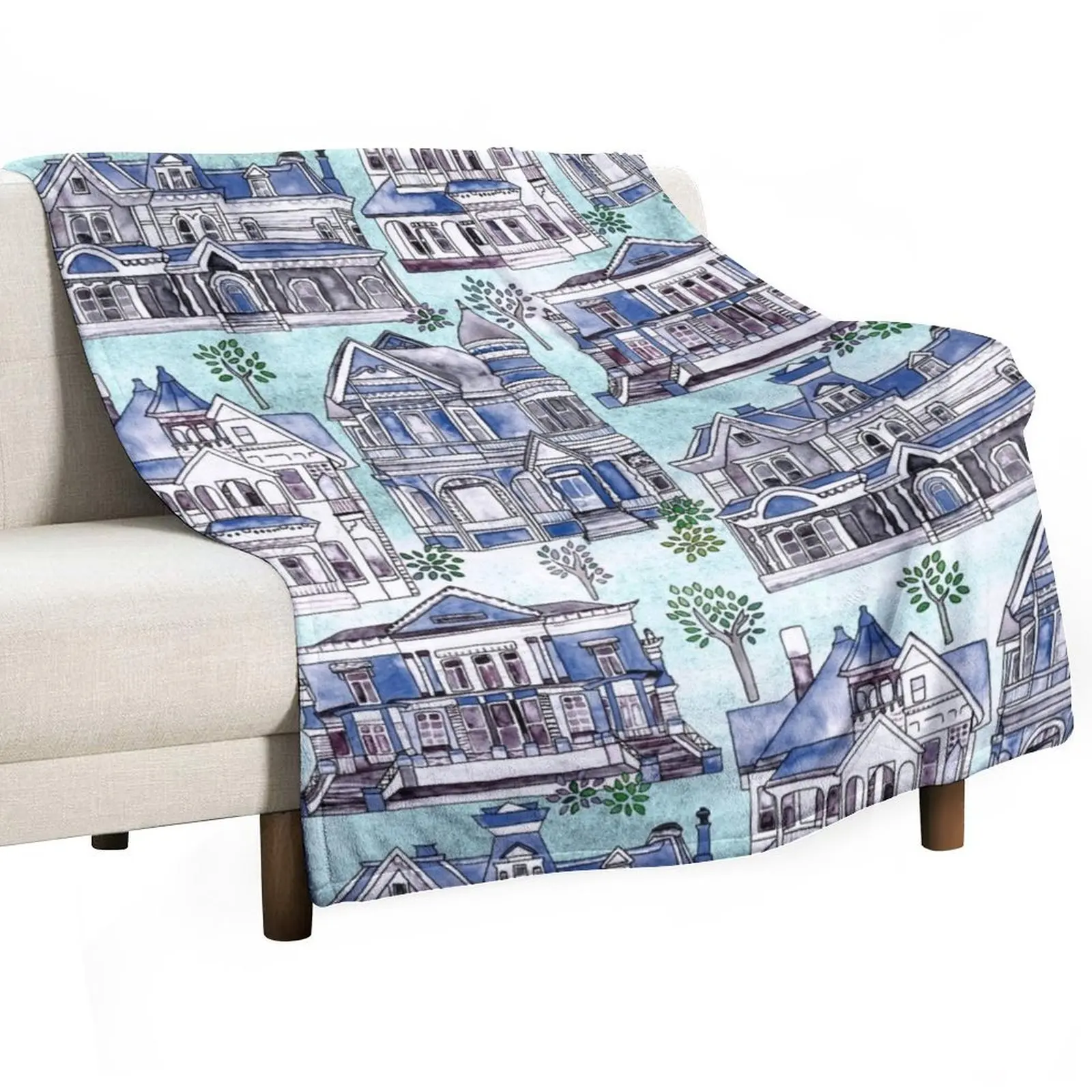 

Blue Watercolor Victorian Houses Throw Blanket For Decorative Sofa Loose for babies Luxury Blankets