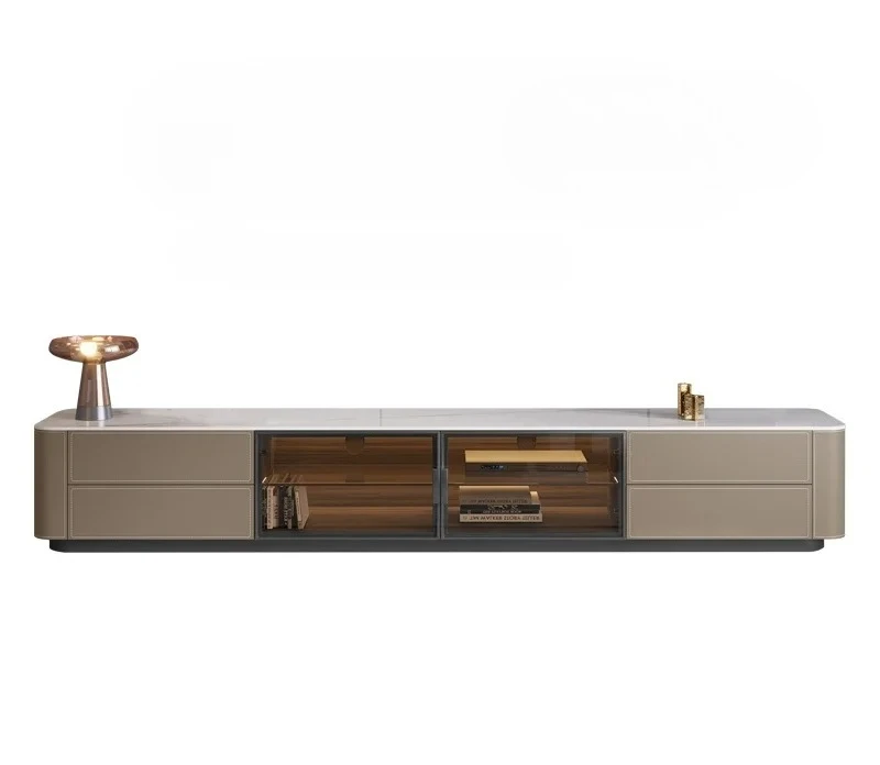 

Minimalist Saddle Leather Cabinet Modern Nordic Small Apartment Simple Advanced Living Room Stone Plate TV Cabinet and Tea Table