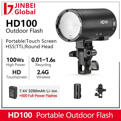 JINBEI HD100 100W Outdoor Flash Portable Touch Screen HSS TTL Round Head Camera Flash for Canon Nikon Fuji Sony
