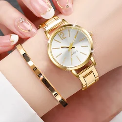 Fashion Women Watch Casual Simple Stainless Steel Quartz Watch Love Bracelet 2PCs Set Temperament Wearing Style