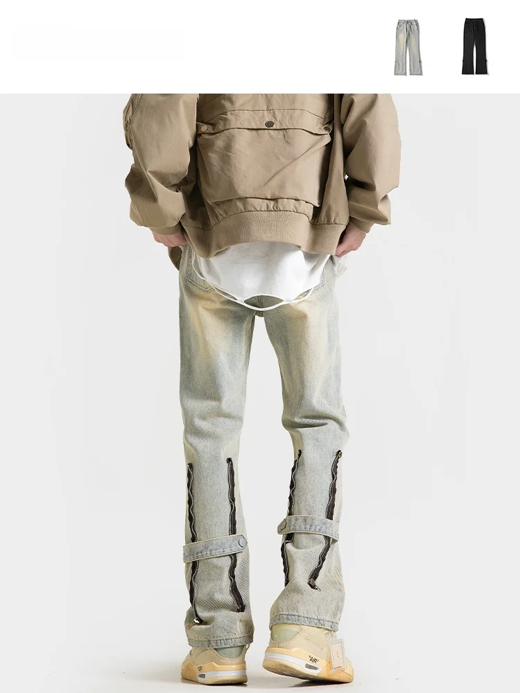 

Ретро джинсы с молниями и эффектом потертости, мужские свободные прямые брюки, повседневные молодежные весенние модные джинсы