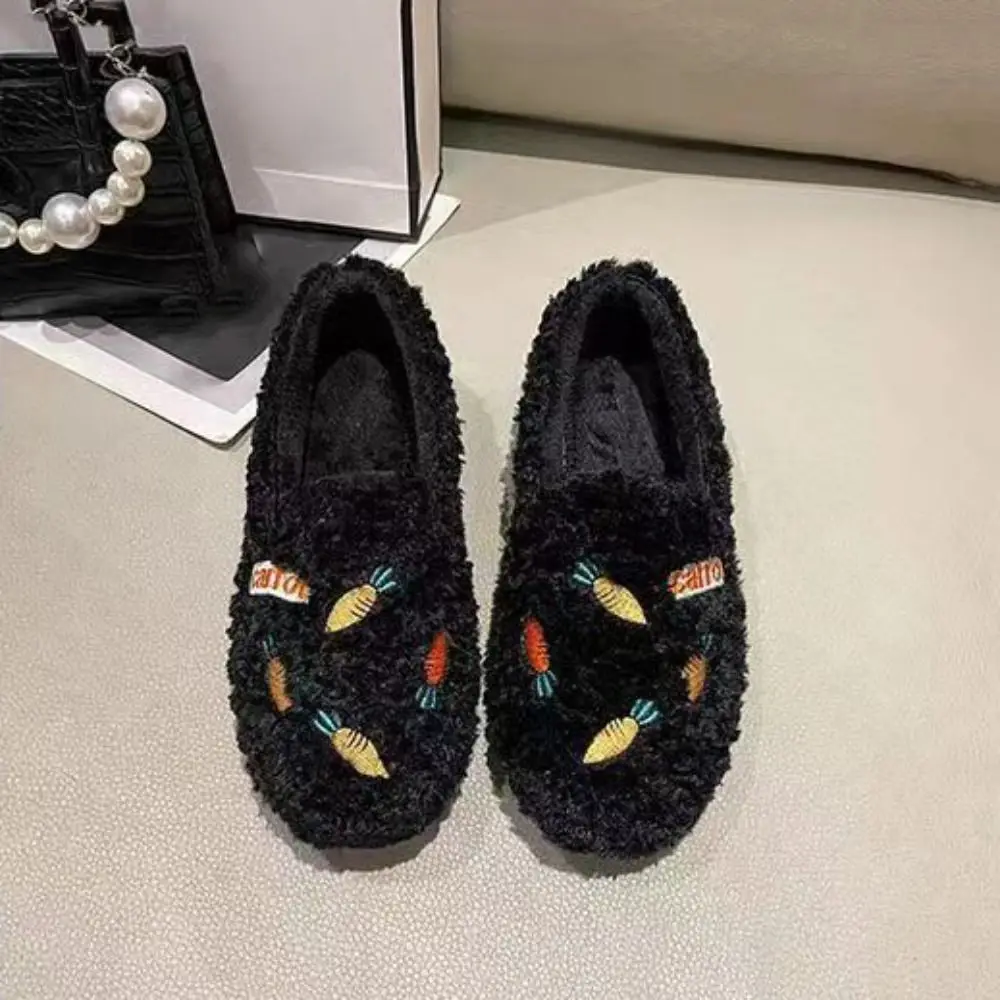 Kawaii Embroidery Carrot Plush Slipper Anti-skid Soft Winter Slippers Shoes Homewear Thicken Plush Shoes Women Soybean Shoes