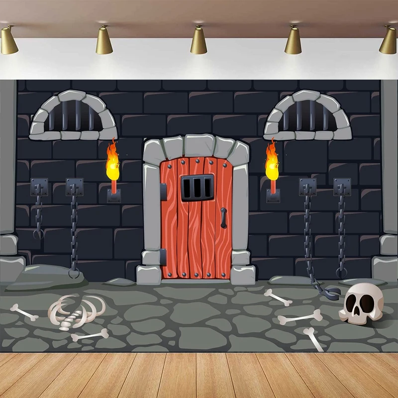 Medieval Prison Photography Backdrop Cartoon Jail Castle Cell Scary Dungeon and Chains Fetters Background Halloween Party Decor