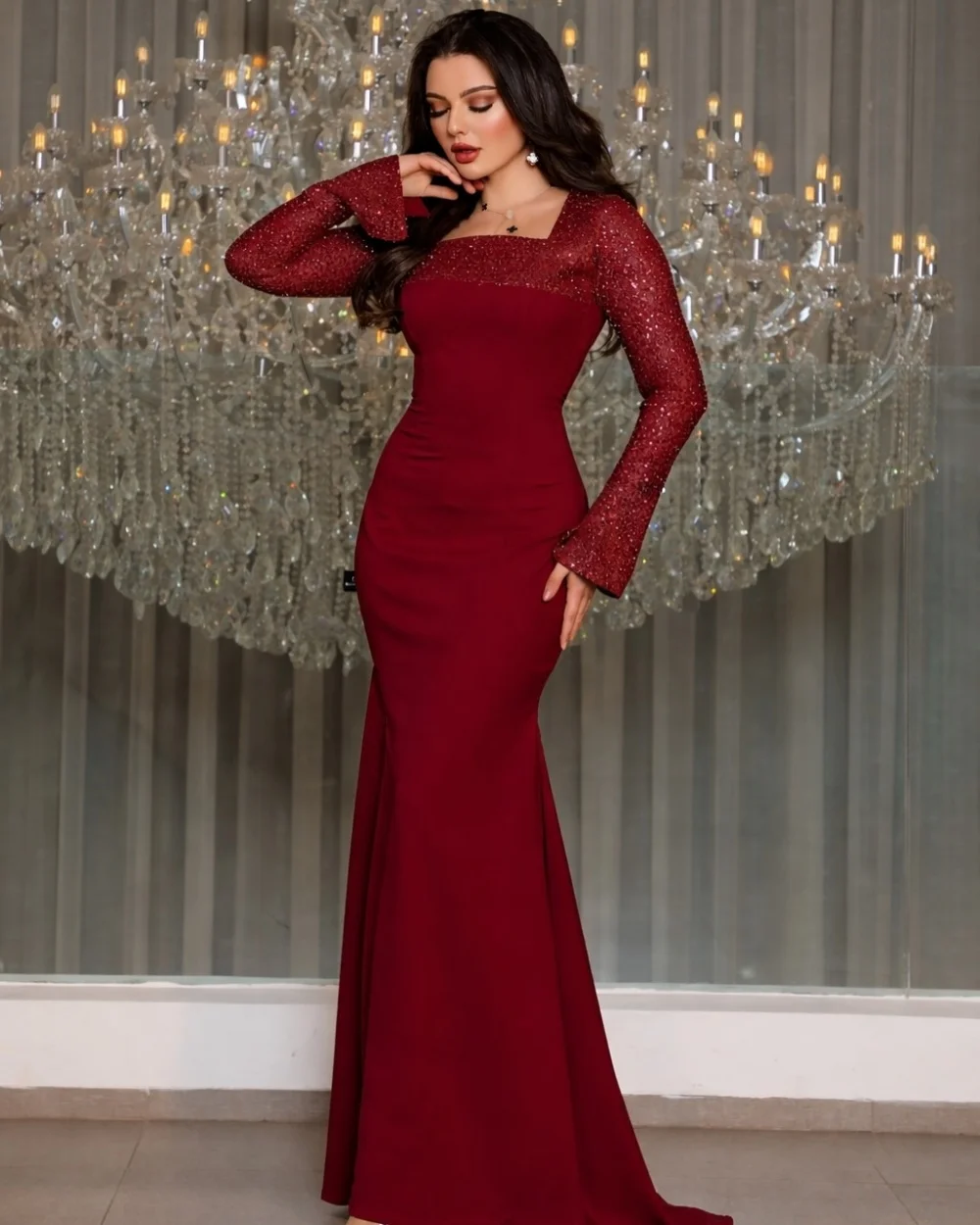 

Customized Modern Style Women Jersey Sequined Ruched Mermaid Evening Dresses Formal Square Neck Long Sleeves Long Prom Dresses