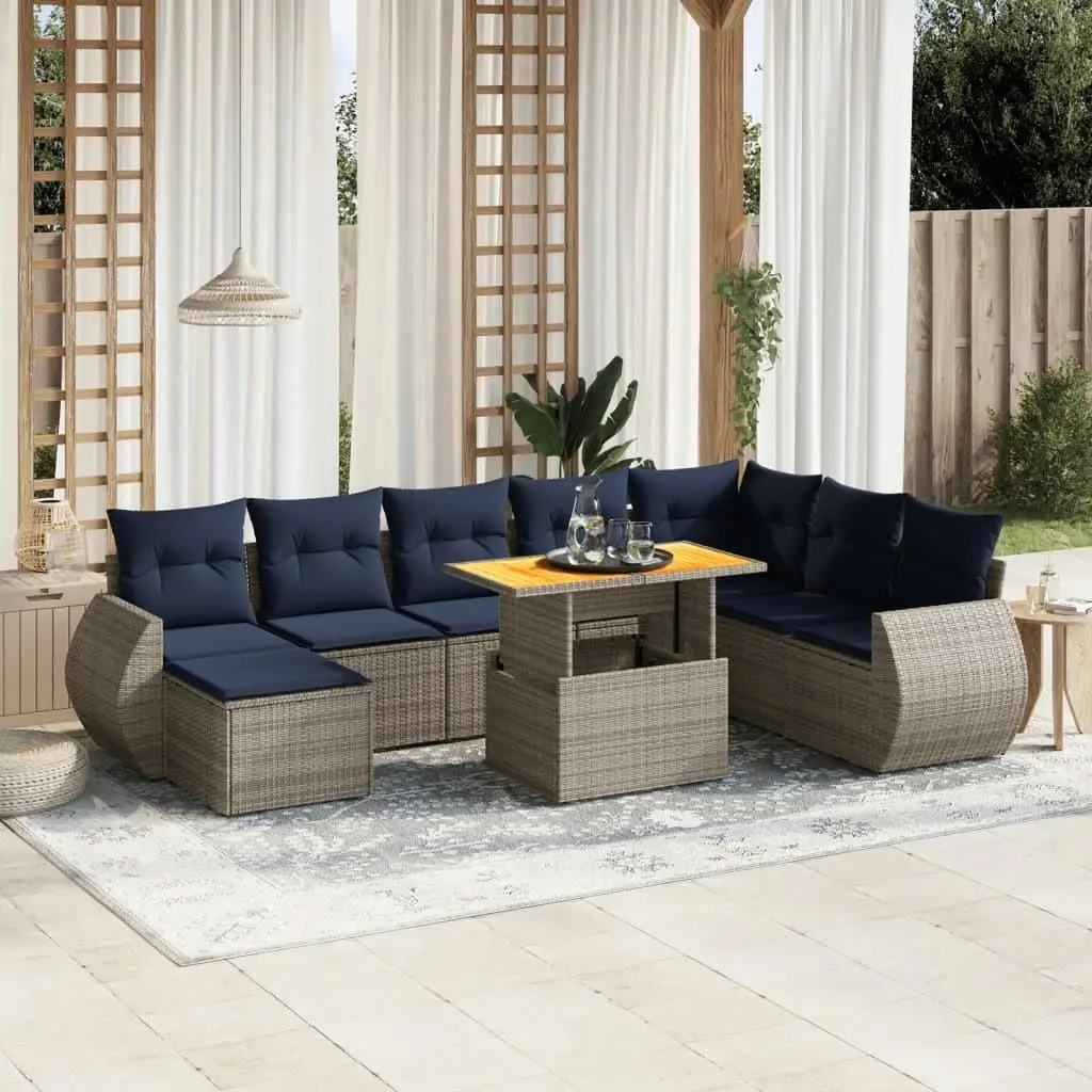 

Comfortable 9 Piece Patio Sofa Set Gray Cushions Stylish Poly Rattan Outdoor Furniture for Garden Balcony and Terrace