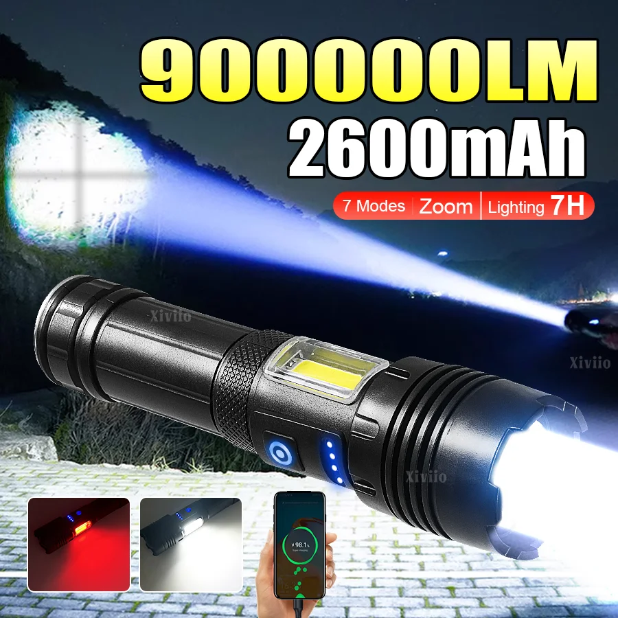 

Мощный светодиодный фонарь 900000LM, кемпинговый фонарь с встроенным аккумулятором 2600 мАч, перезаряжаемая лампа для улицы, дальнобойный охотничий фонарь