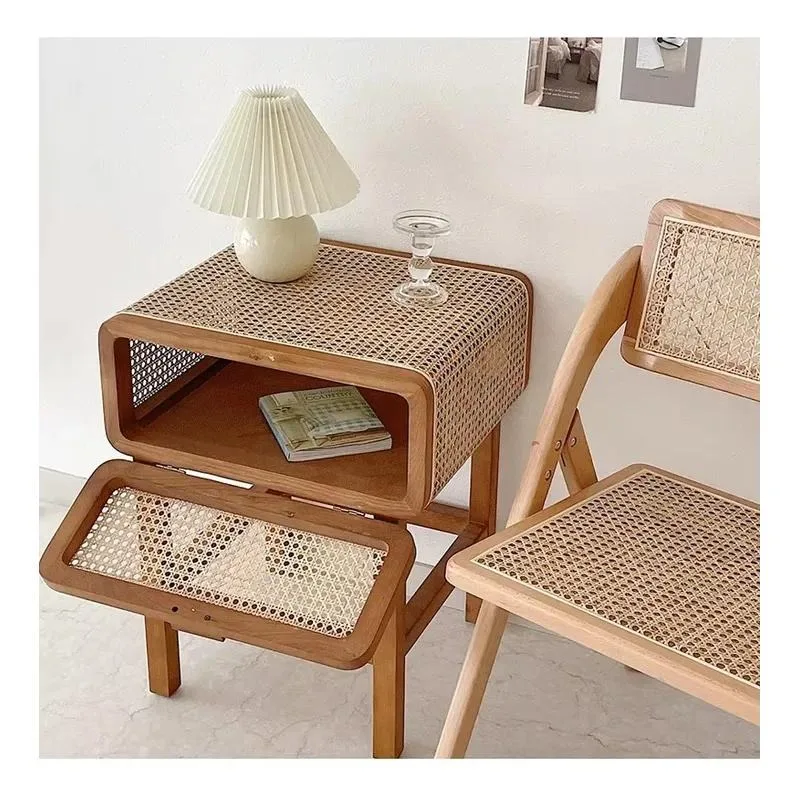 Round Edge Solid Wood Rattan Coffee Table with Wicker Drawer Storage Bedside Nightstand for Living Room Bedroom Furniture