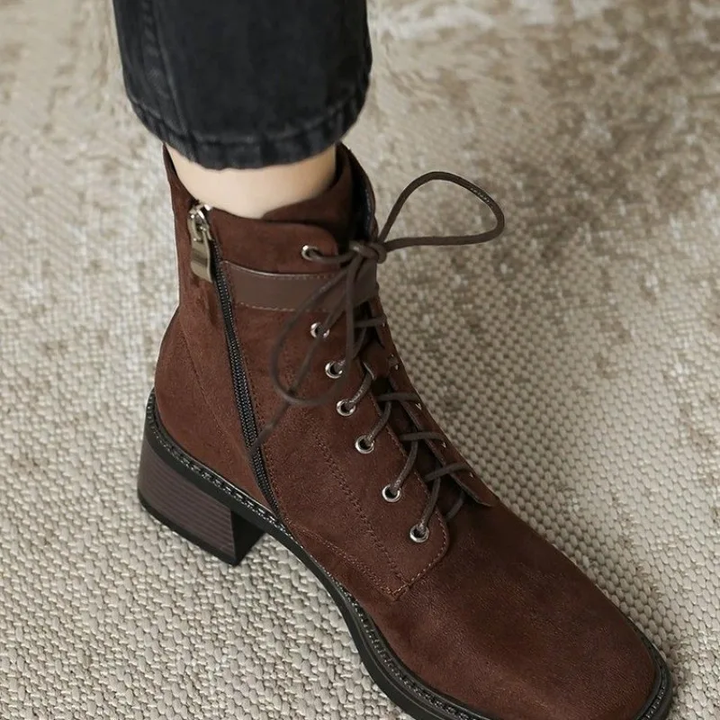 Loose Ankle Boots with Side Ties and Zipper, Mid-heel Women's Single Boot