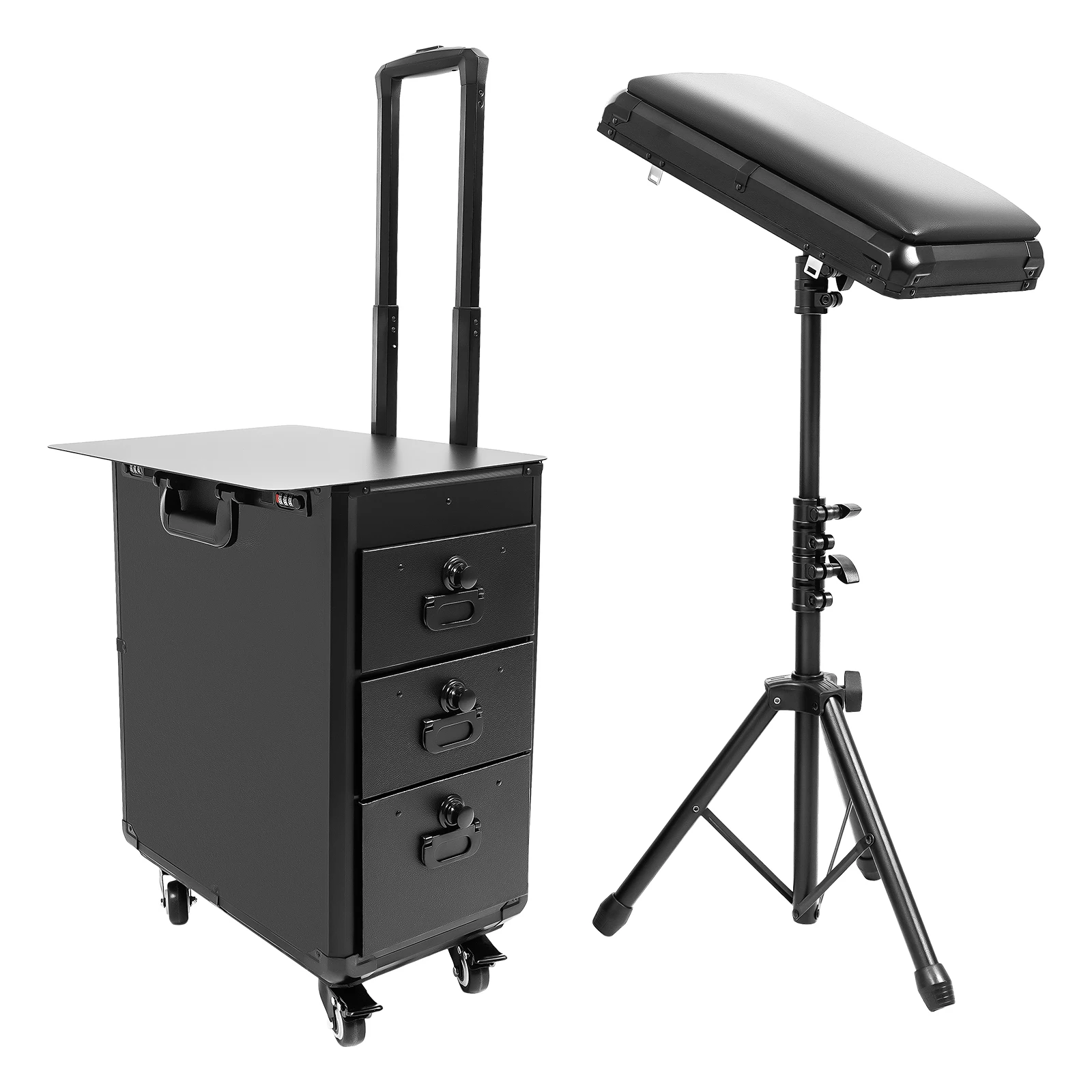 Rolling Cosmetic Case, Makeup Train Case, Tattoo Case, Metal Plate Tool Box with Adjustable Tripod, Nail Art Storage, High Capacity Organizer, PU Manganese Steel, Multi-drawer Workstation, Portable Salon Trolley for Hairstylist, Manicurist, Makeup Artist