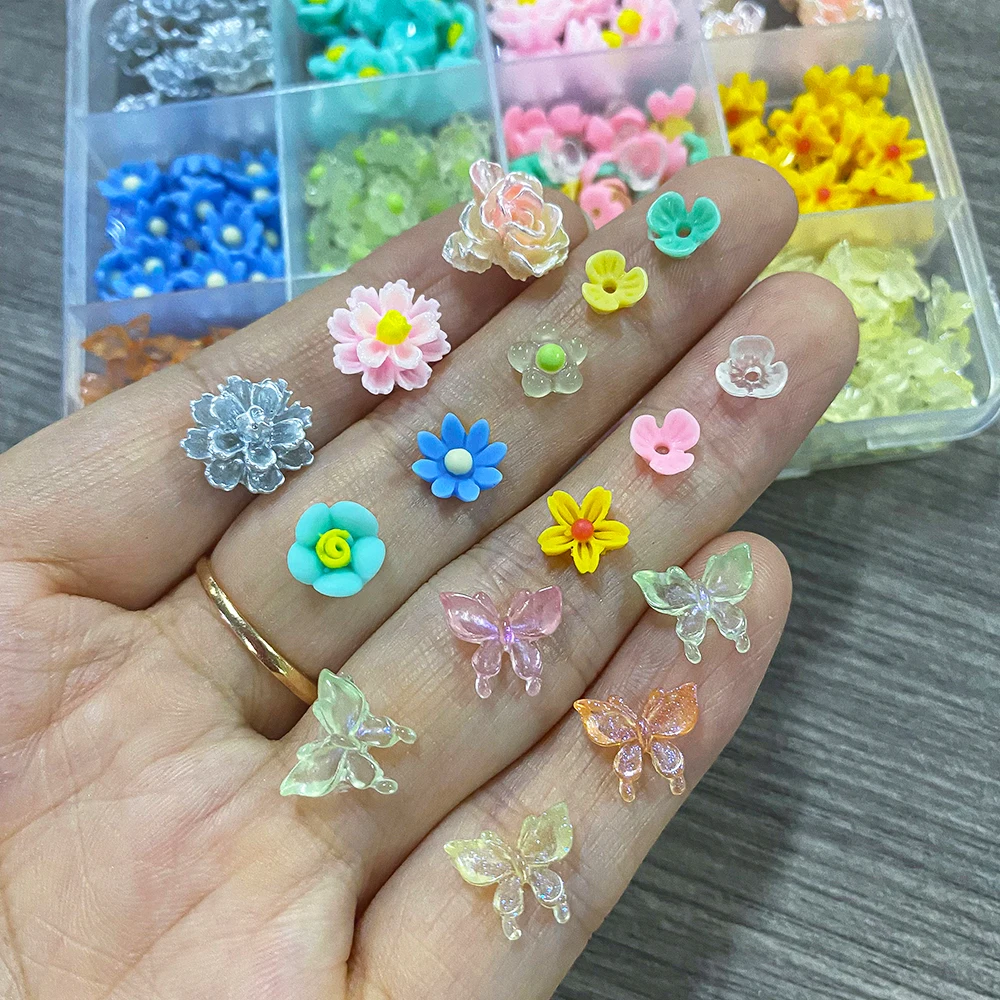 12Grids Pink Hibiscus Flowers Fine Sparkling Butterfly Nail Rhinestone 3D Resin Flower Nail Art Charms DIY Cute Manicure Supplie
