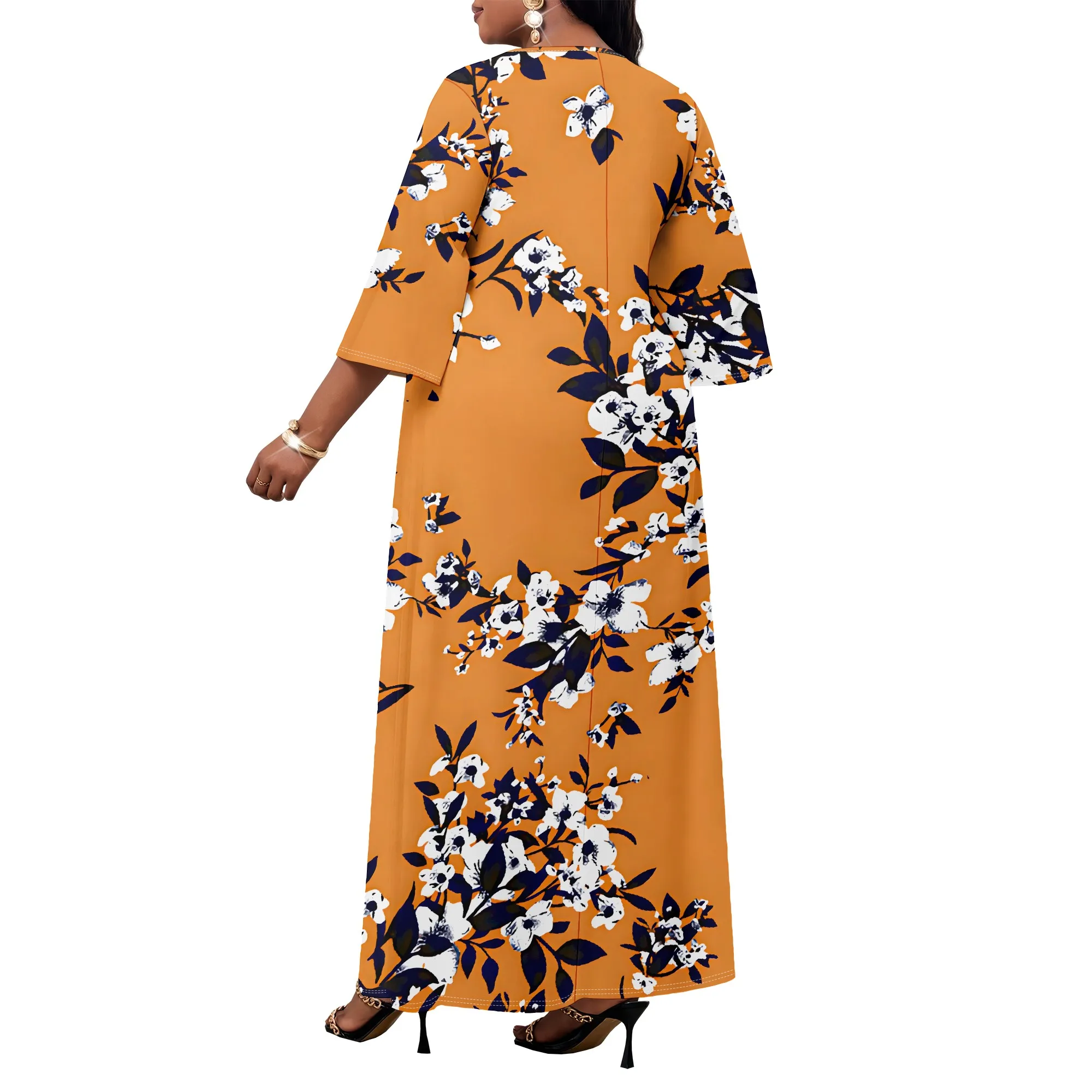 فستان نسائي متوسط الحجم بأكمام طويلة، رقبة على شكل حرف V صغيرة مطبوعة عصرية، فستان كاجوال منزلي #3