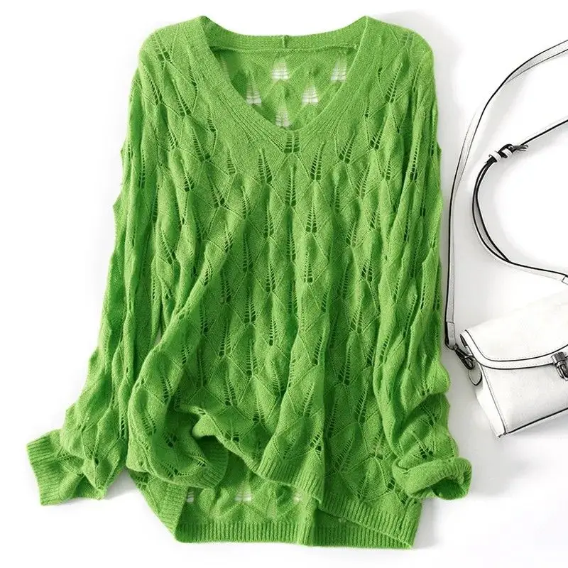 

Fashion V-Neck Knitted Solid Color Hollow Out Sweaters Women Clothing 2025 Spring Autumn New Loose Korean Pullovers Casual Tops