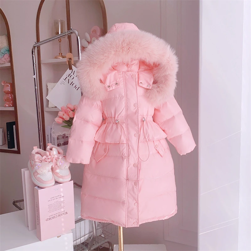 2023 Winter Girls Sweet Long Down Jackets Hooded Big Fur Collar Kids Parkas Children Clothes Girls Windproof Thicken Warm Coats