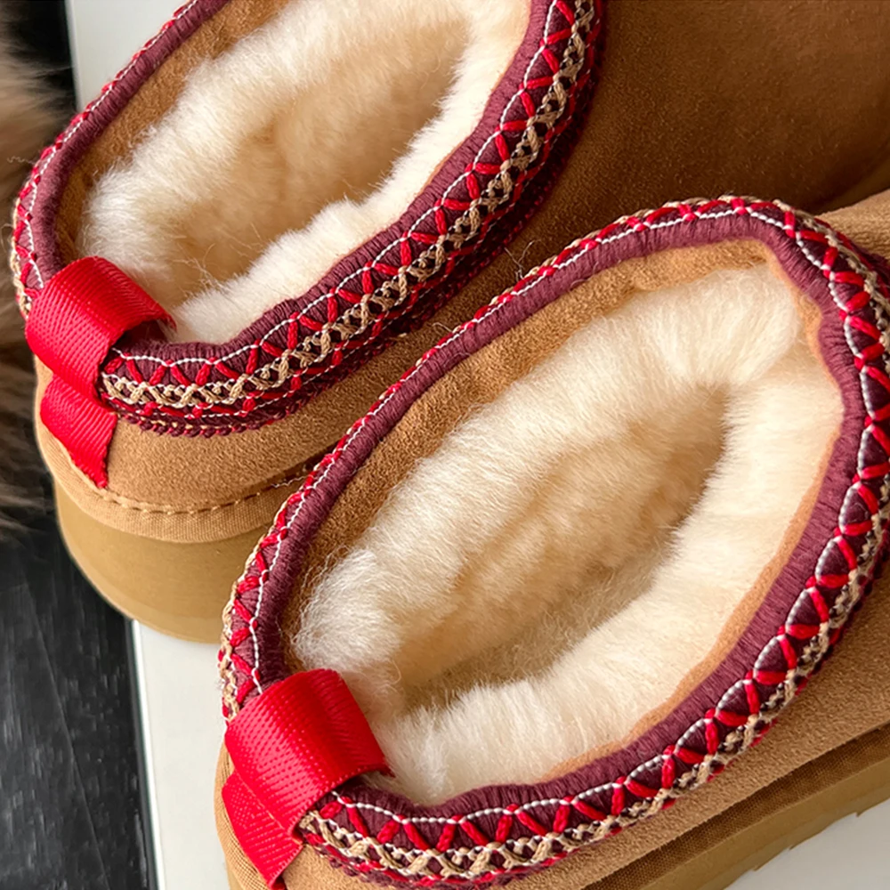 KZZO New Arrive Women Ultra Mini Platform Snow Boots Cow Suede Leather Natural Wool Fur Lined Ankle Winter Warm Shoes Maroon