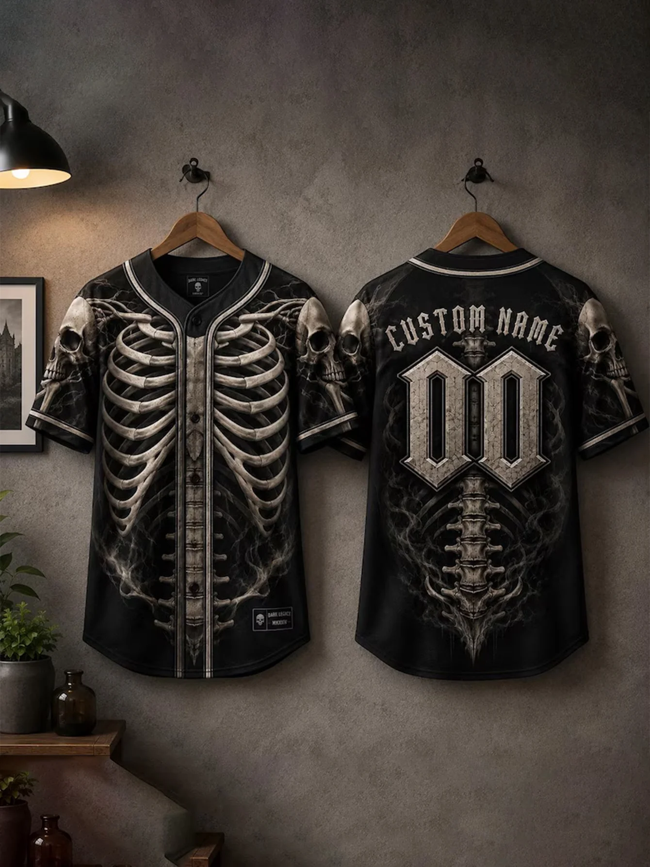 Men Custom Name Number Baseball Jersey 3D Skeleton Ribcage Skull Print Short Sleeve Button Up Gothic Streetwear Top