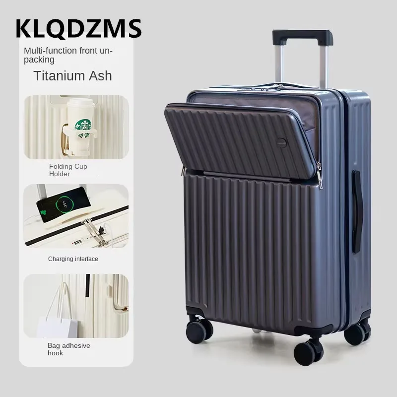 KLQDZMS USB Charging Luggage Front Opening ABS+PC Boarding Case 20"22"24"26"28 Inch Trolley Case with Wheels Rolling Suitcase