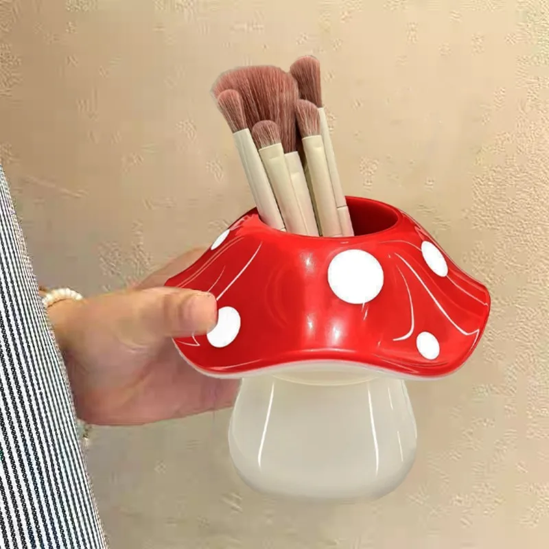 Red Brown Mushroom Shape Storage Box Creative Plastic Home Bathroom Beauty Makeup Brush Storage Cases Bottle Holder Organizer