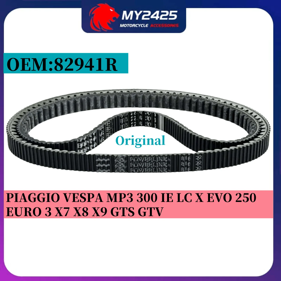 

Original For PIAGGIO VESPA MP3 300 IE LC X EVO 250 EURO 3 X7 X8 X9 GTS GTV Motorcycle Clutch Drive Belt Gear Pulley Belt 82941R