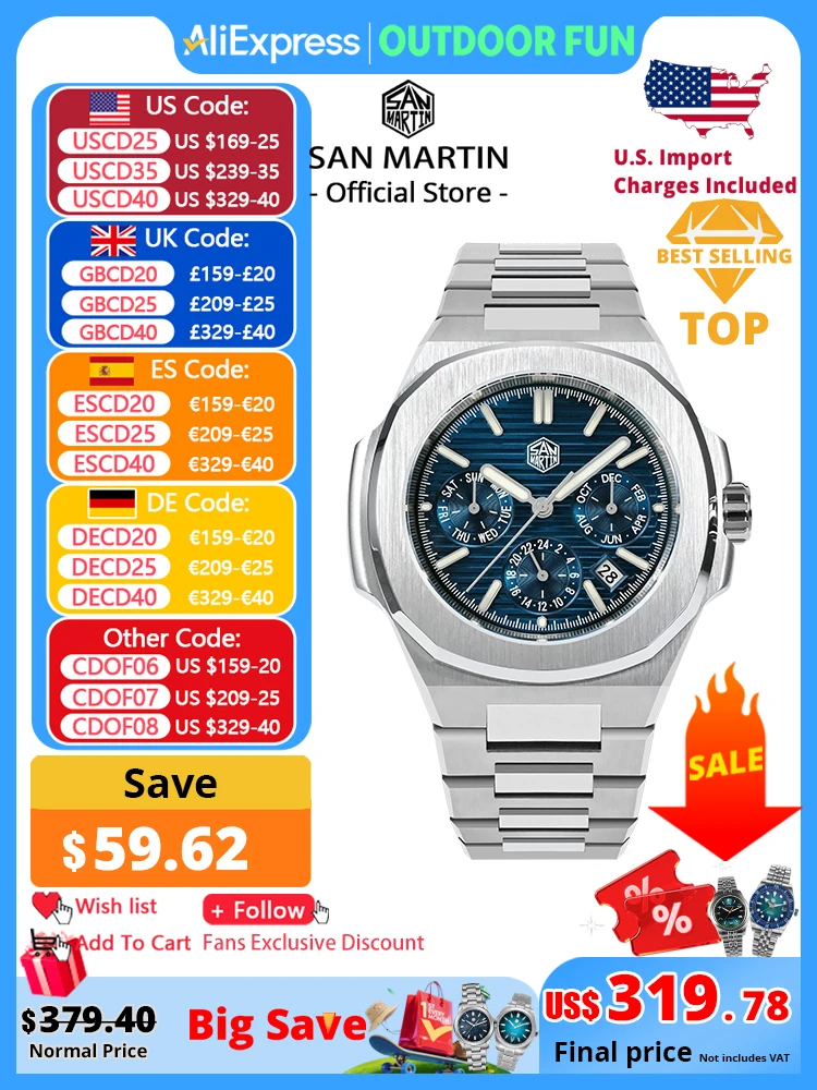 

San Martin 43 мм Miyota 9120 Многофункциональные мужские роскошные деловые часы с вафельной текстурой циферблата деловые автоматические механические 10 бар BGW-9