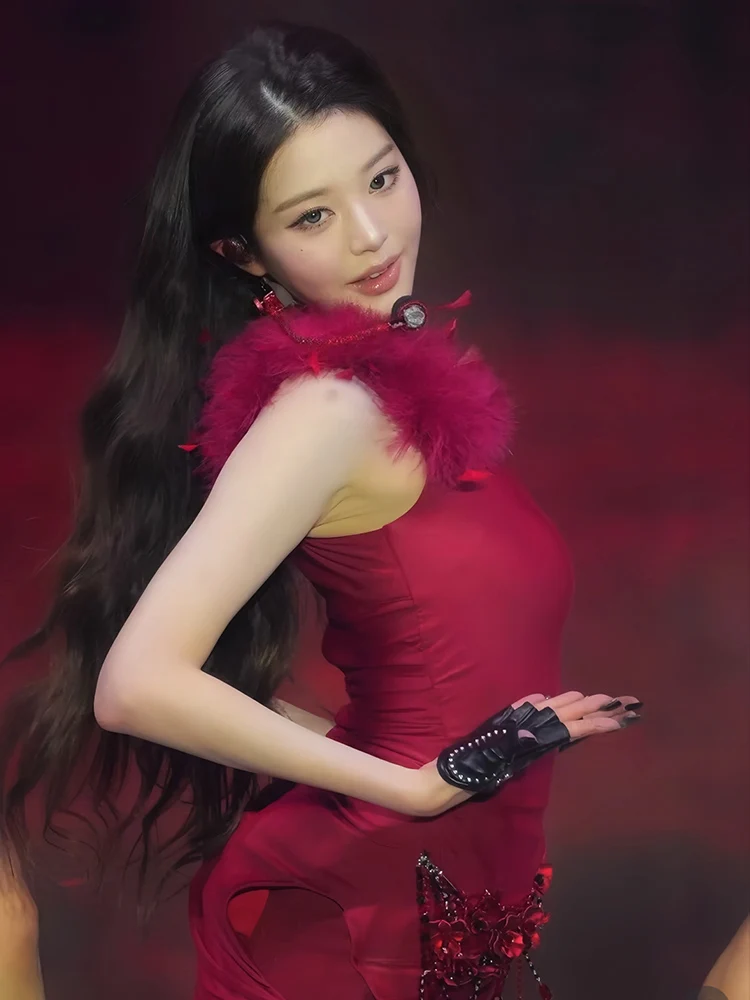 Red Velvet Furry Short Skirt Dress with Pleats And Shoulder Baring Design for Stage Performance Women's Traditional Costume
