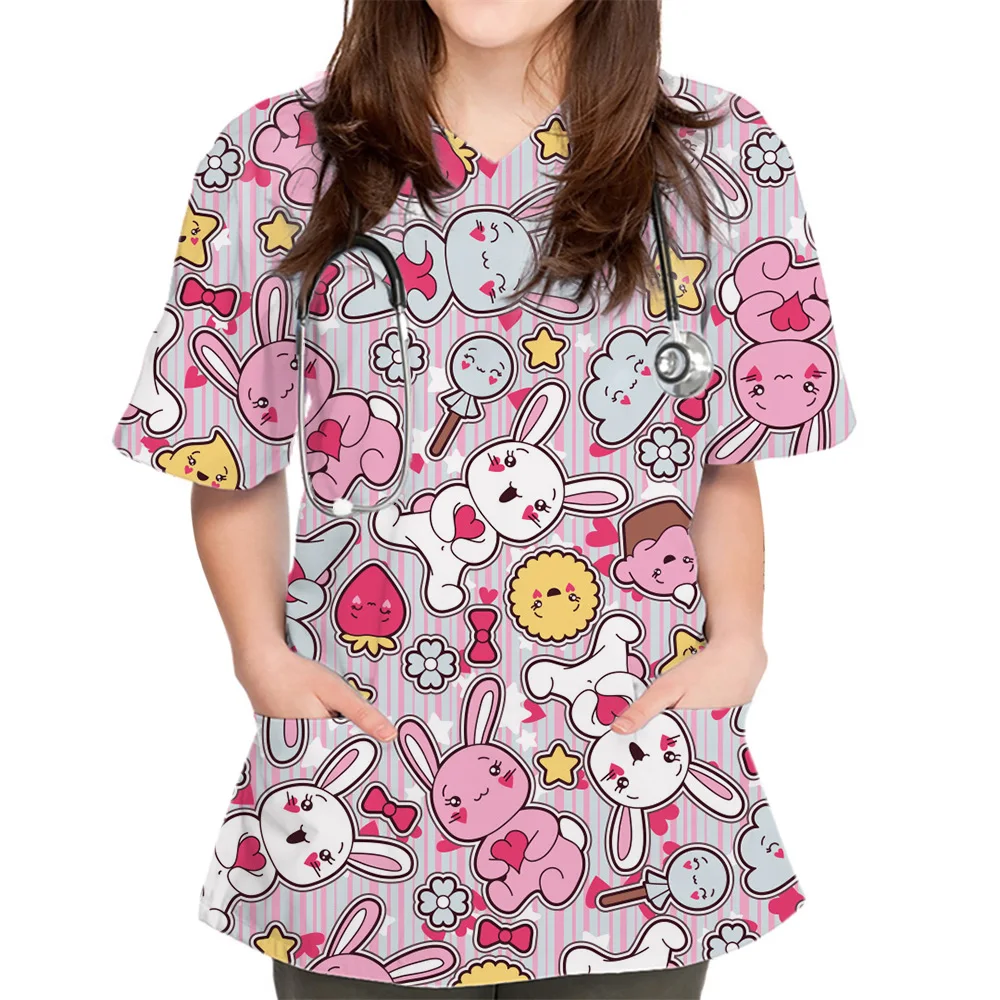 Camisetas con estampado de conejo de dibujos animados para mujer, uniforme de enfermera, camiseta elástica con cuello en V, manga corta, Top con