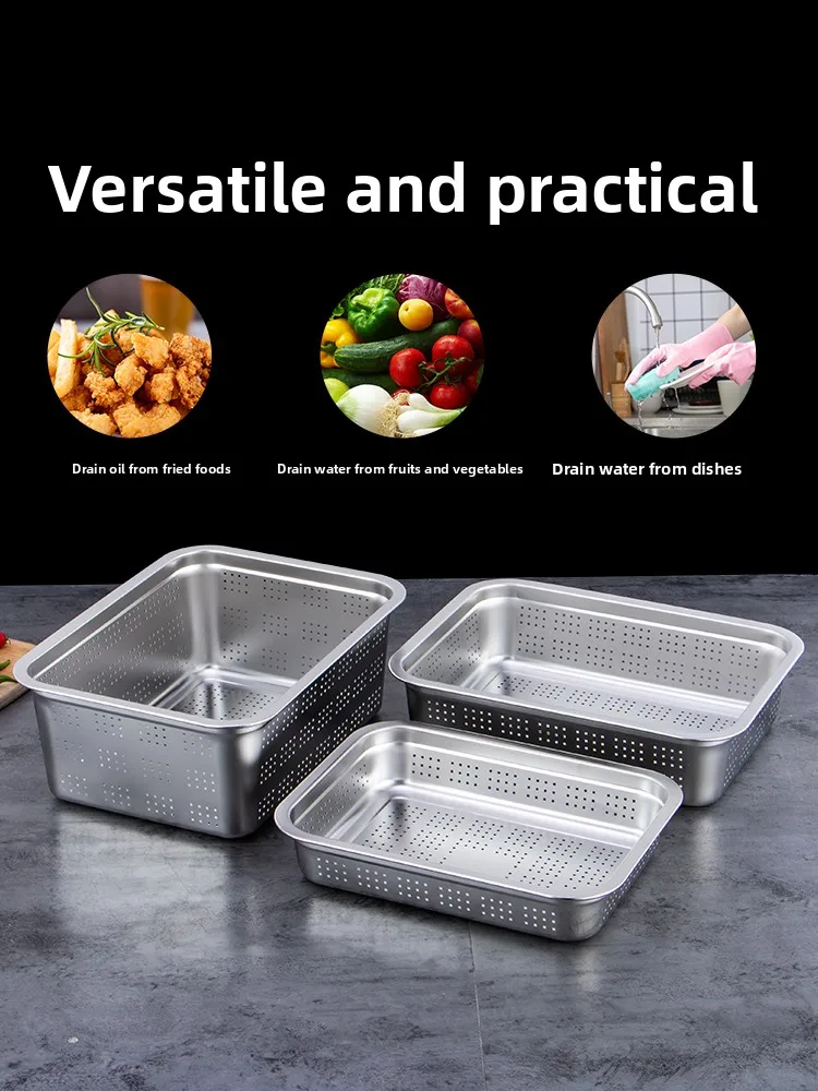 

Stainl Steel Square Drain Basket Vegetable Waing Basin Rectangular Basin with Lid Rice Waing Basin Flat Bot Perfora...