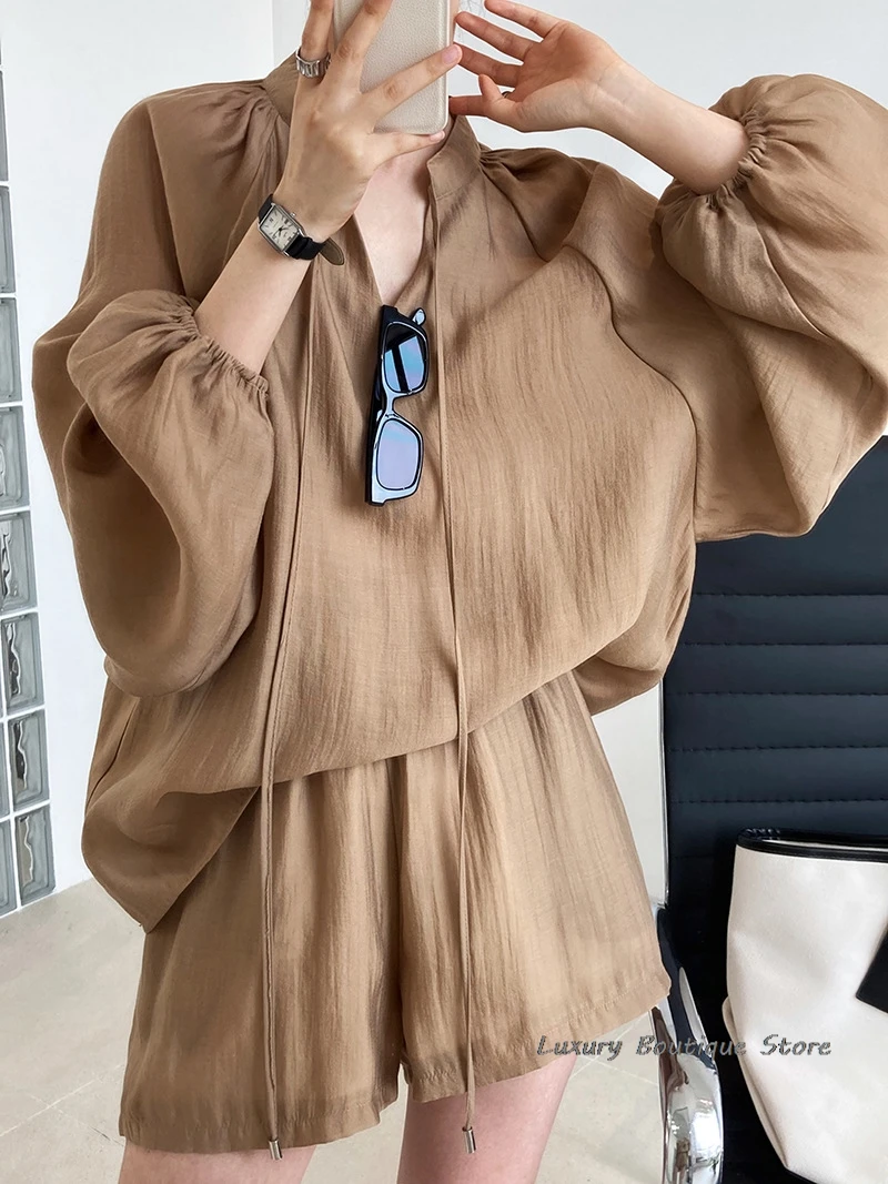 Elegant Long Sleeve Blouses Set Of Two Fashion Pieces For Women Summer Solid Color Shorts Sets Casual Loose Suits With Shorts